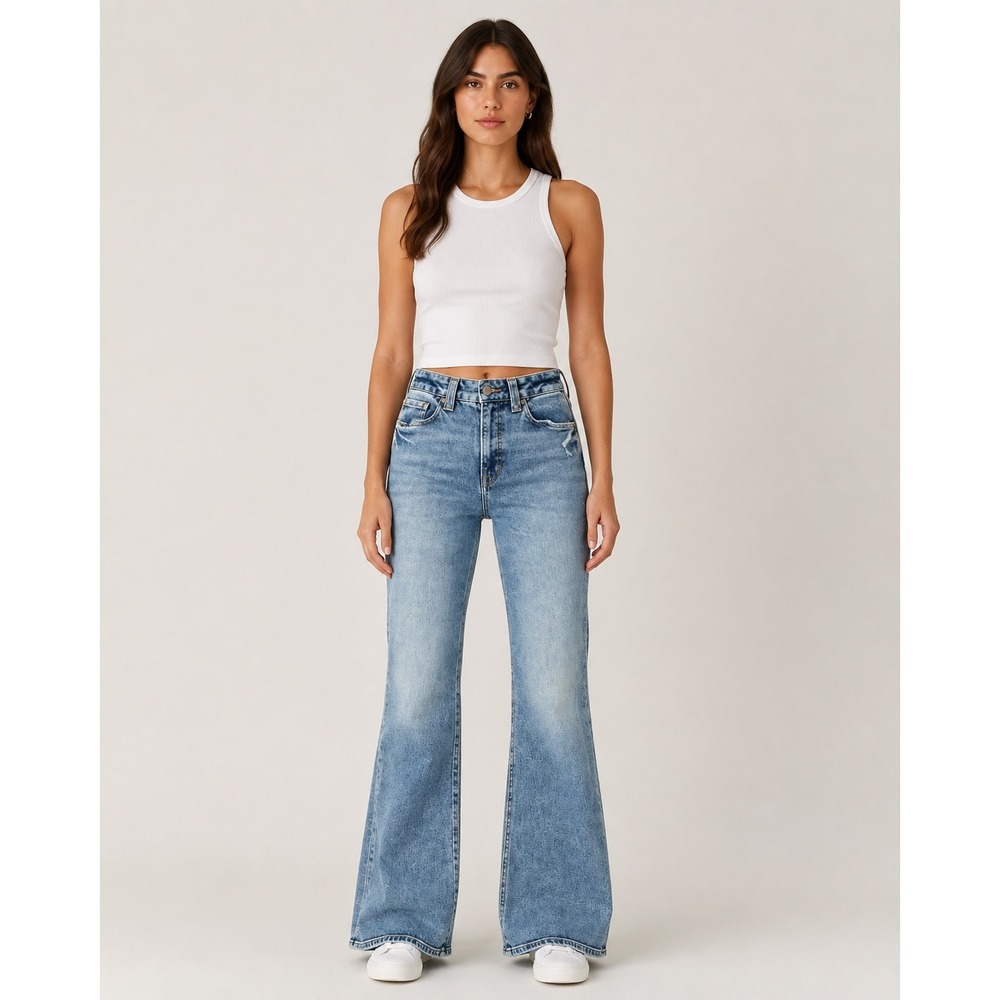 Good American Flare Jeans Women 10/30 Blue High Rise Distressed Acid Wash Cotton